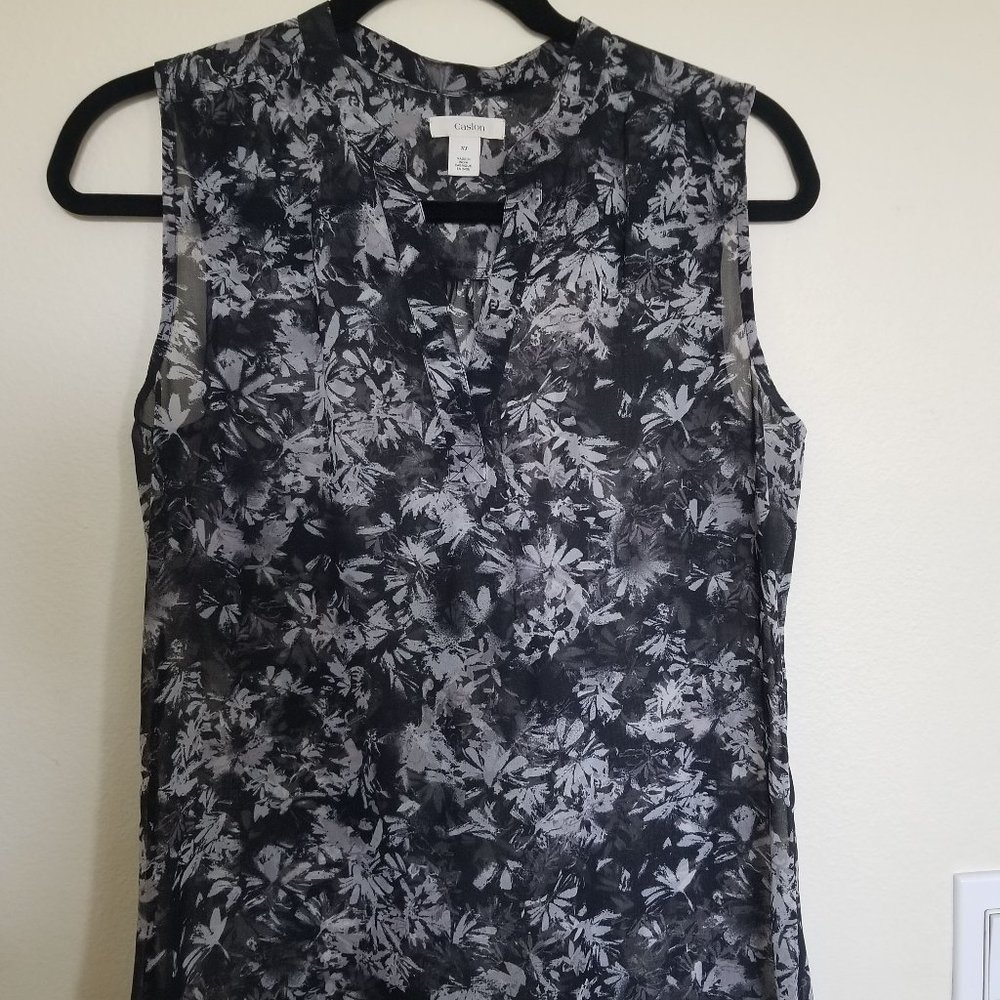 Caslon Sheer Floral Black/Gray Sleeveless Button Front Blouse XS